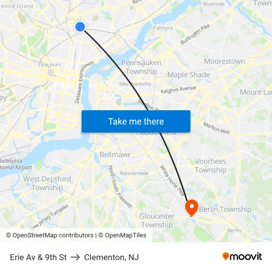 Erie Av & 9th St to Clementon, NJ map
