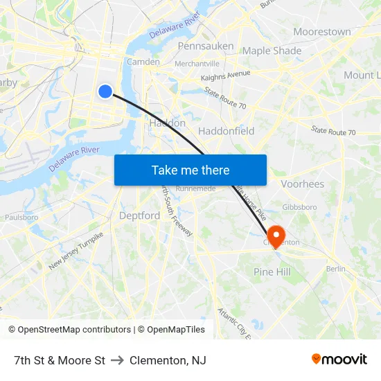 7th St & Moore St to Clementon, NJ map