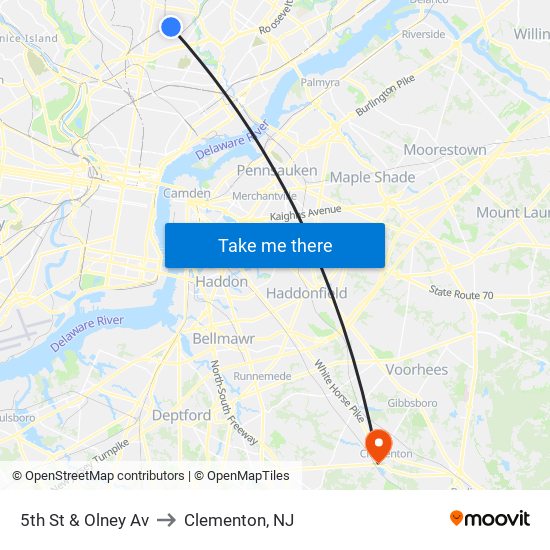 5th St & Olney Av to Clementon, NJ map