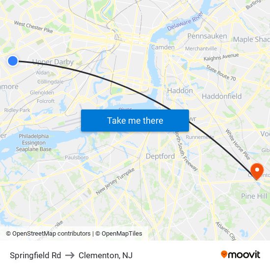 Springfield Rd to Clementon, NJ map