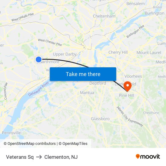 Veterans Sq to Clementon, NJ map
