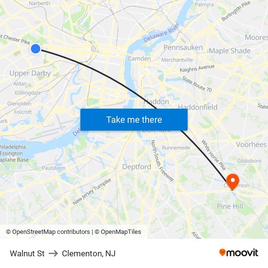 Walnut St to Clementon, NJ map