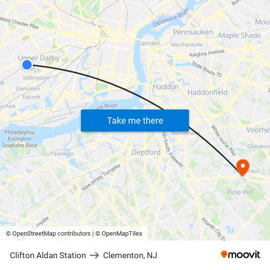 Clifton Aldan Station to Clementon, NJ map