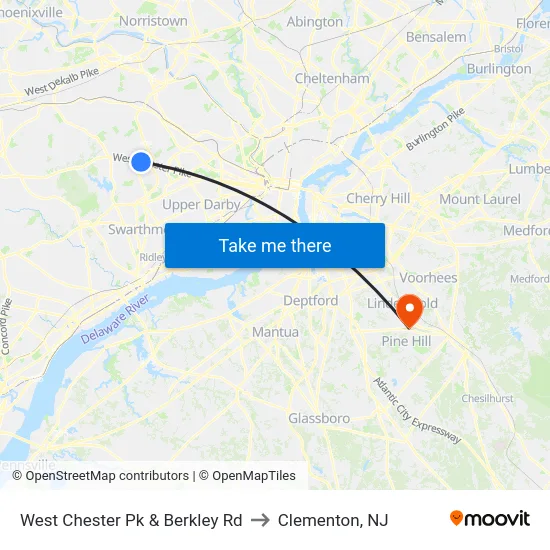 West Chester Pk & Berkley Rd to Clementon, NJ map