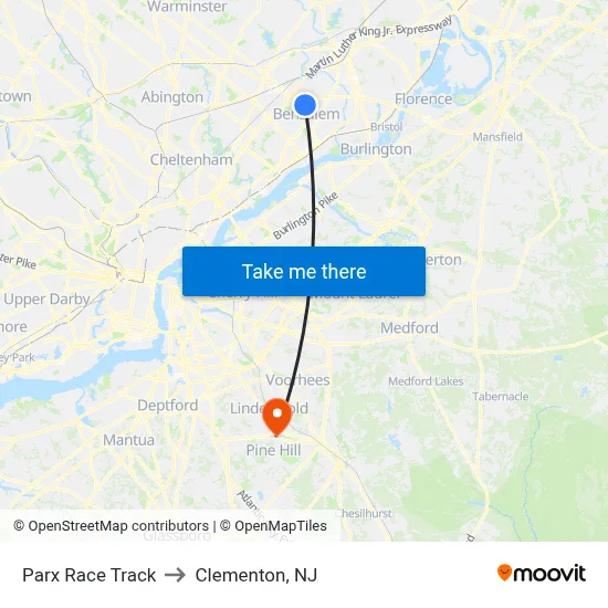 Parx Race Track to Clementon, NJ map
