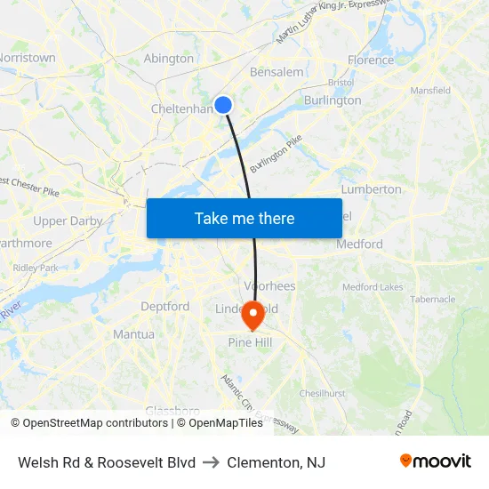 Welsh Rd & Roosevelt Blvd to Clementon, NJ map
