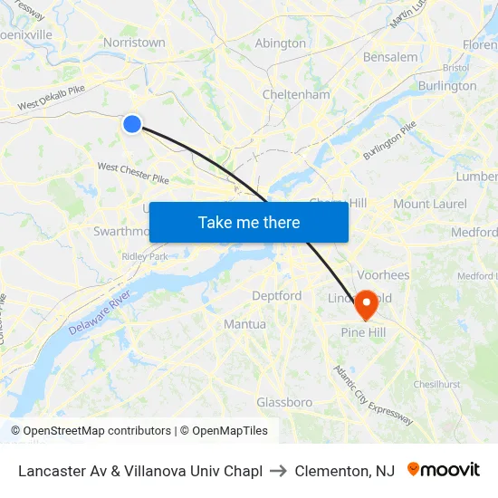 Lancaster Av & Villanova Univ Chapl to Clementon, NJ map