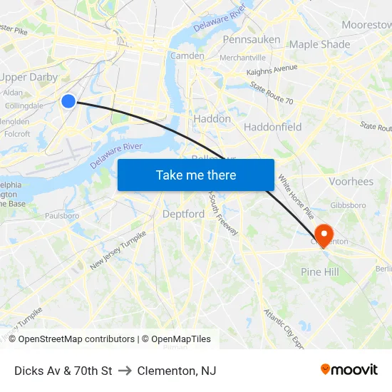 Dicks Av & 70th St to Clementon, NJ map