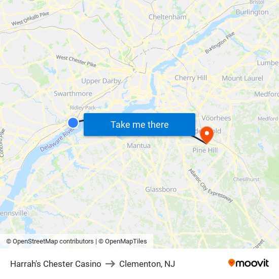 Harrah's Chester Casino to Clementon, NJ map