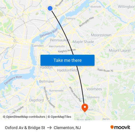 Oxford Av & Bridge St to Clementon, NJ map