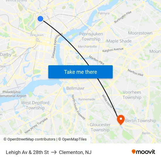 Lehigh Av & 28th St to Clementon, NJ map