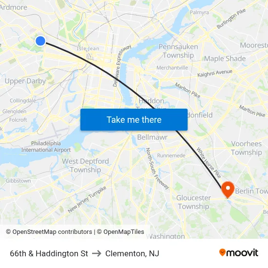 66th & Haddington St to Clementon, NJ map