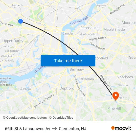 66th St & Lansdowne Av to Clementon, NJ map