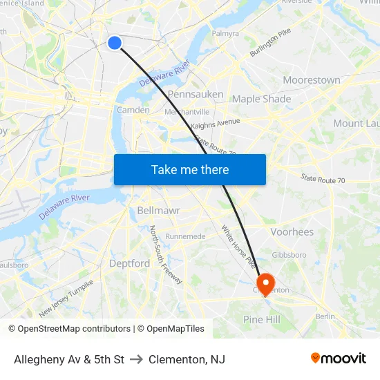 Allegheny Av & 5th St to Clementon, NJ map