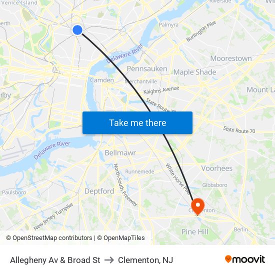 Allegheny Av & Broad St to Clementon, NJ map