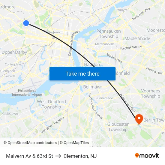 Malvern Av & 63rd St to Clementon, NJ map