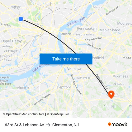 63rd St & Lebanon Av to Clementon, NJ map
