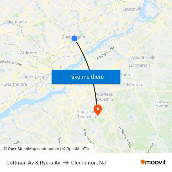 Cottman Av & Ryers Av to Clementon, NJ map