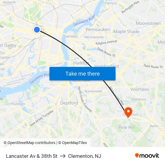 Lancaster Av & 38th St to Clementon, NJ map