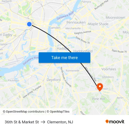 36th St & Market St to Clementon, NJ map