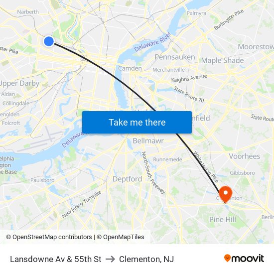 Lansdowne Av & 55th St to Clementon, NJ map