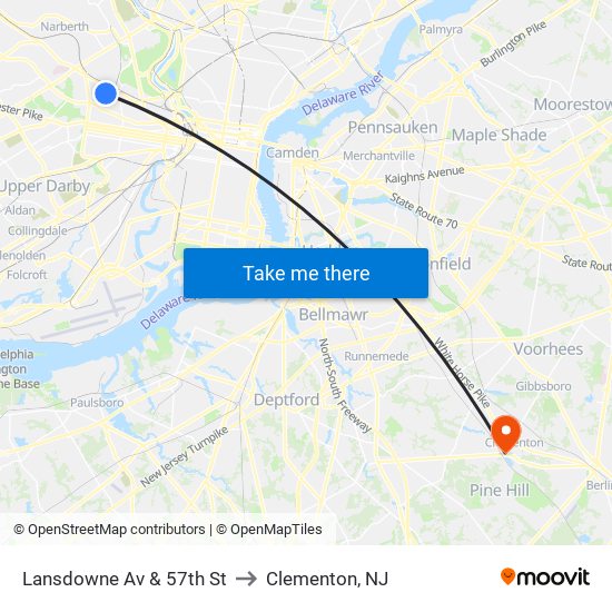 Lansdowne Av & 57th St to Clementon, NJ map