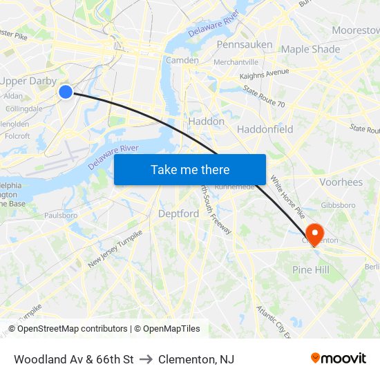 Woodland Av & 66th St to Clementon, NJ map