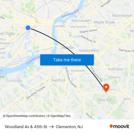 Woodland Av & 45th St to Clementon, NJ map
