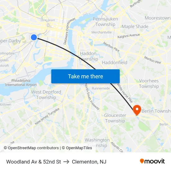 Woodland Av & 52nd St to Clementon, NJ map