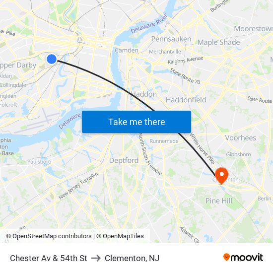 Chester Av & 54th St to Clementon, NJ map