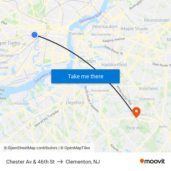 Chester Av & 46th St to Clementon, NJ map