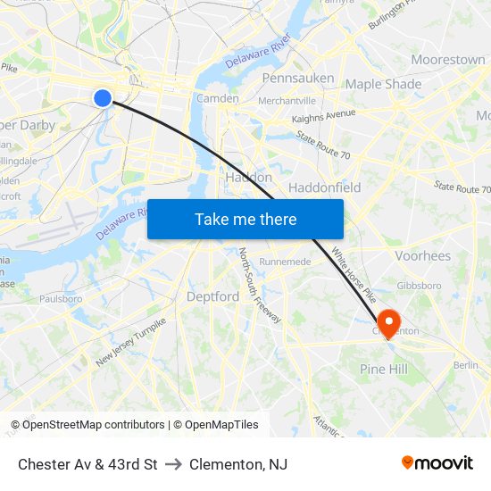 Chester Av & 43rd St to Clementon, NJ map