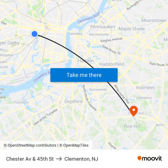 Chester Av & 45th St to Clementon, NJ map