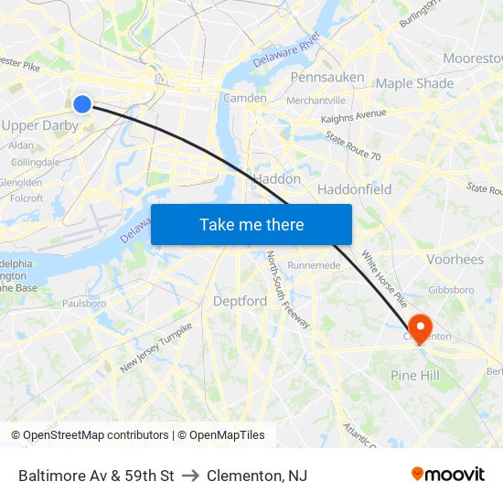 Baltimore Av & 59th St to Clementon, NJ map