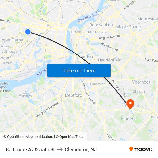Baltimore Av & 55th St to Clementon, NJ map