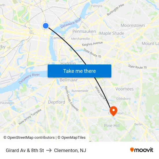 Girard Av & 8th St to Clementon, NJ map