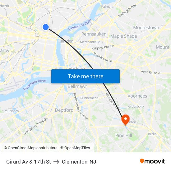 Girard Av & 17th St to Clementon, NJ map