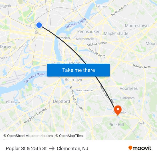 Poplar St & 25th St to Clementon, NJ map