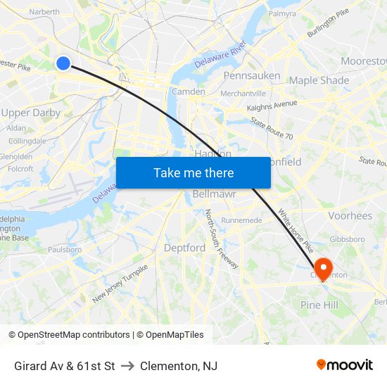 Girard Av & 61st St to Clementon, NJ map