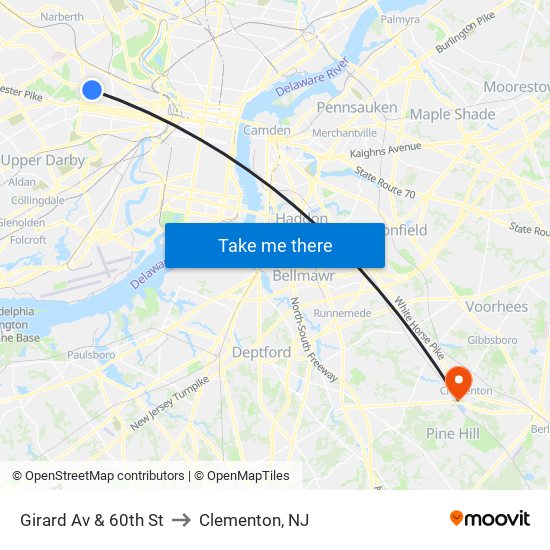 Girard Av & 60th St to Clementon, NJ map