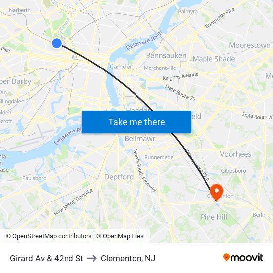 Girard Av & 42nd St to Clementon, NJ map