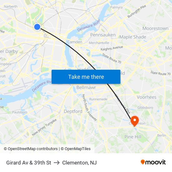 Girard Av & 39th St to Clementon, NJ map