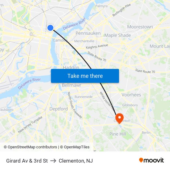 Girard Av & 3rd St to Clementon, NJ map