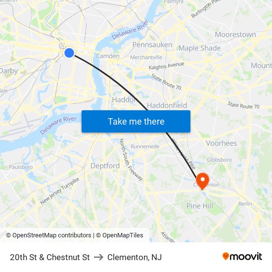 20th St & Chestnut St to Clementon, NJ map