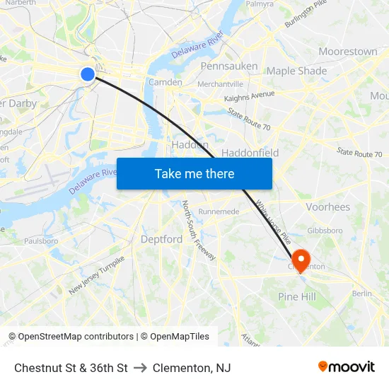 Chestnut St & 36th St to Clementon, NJ map