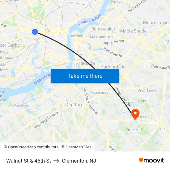 Walnut St & 45th St to Clementon, NJ map