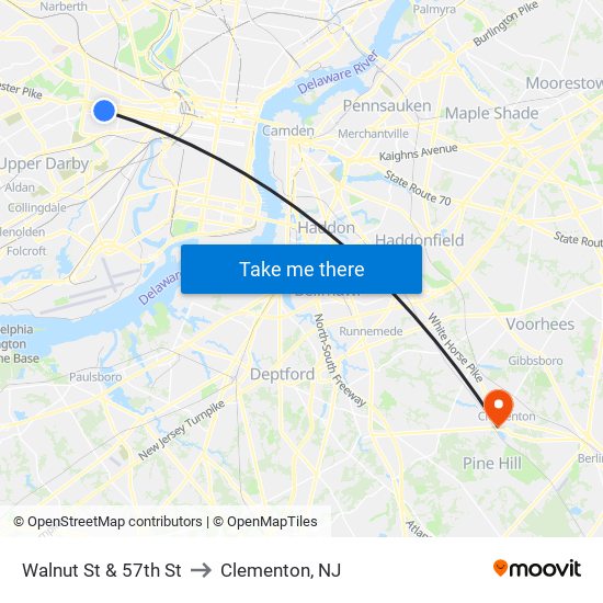 Walnut St & 57th St to Clementon, NJ map