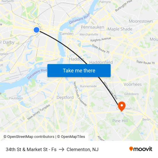 34th St & Market St - Fs to Clementon, NJ map