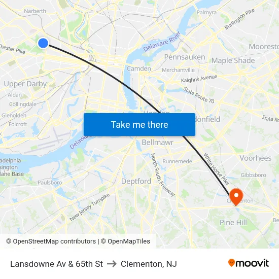 Lansdowne Av & 65th St to Clementon, NJ map