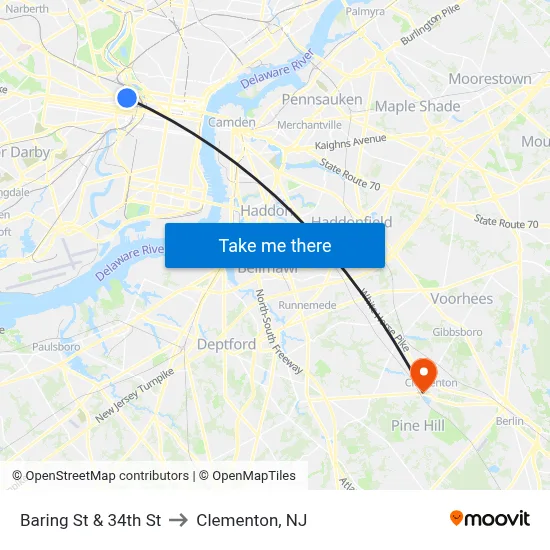 Baring St & 34th St to Clementon, NJ map